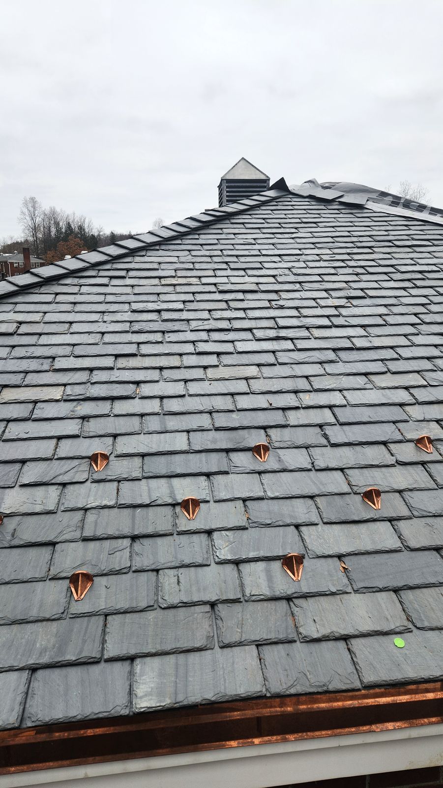 Grey slate roof with copper snow guards in a staggered pattern